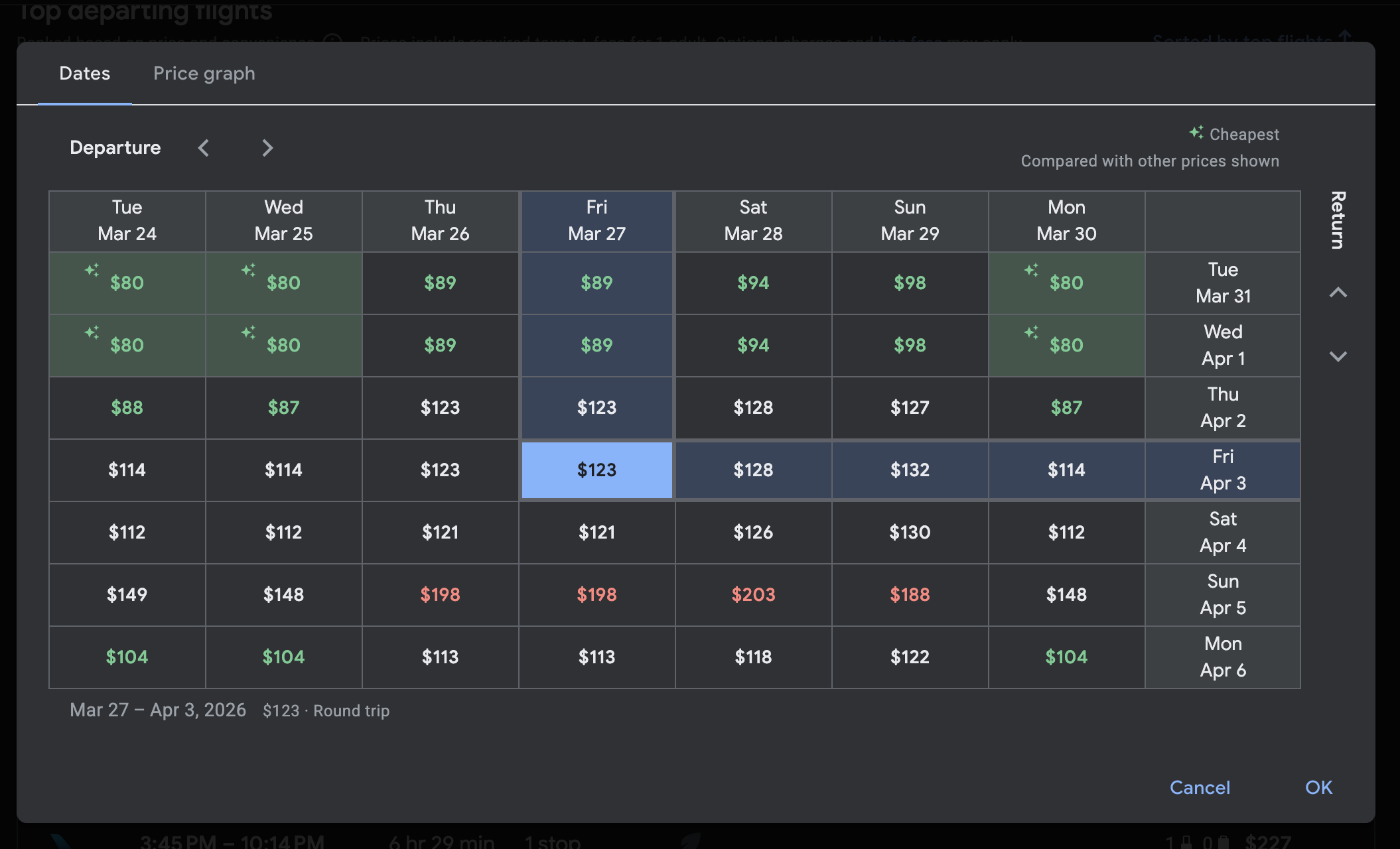 Search for flights from New York to Miami for spring break date grid.