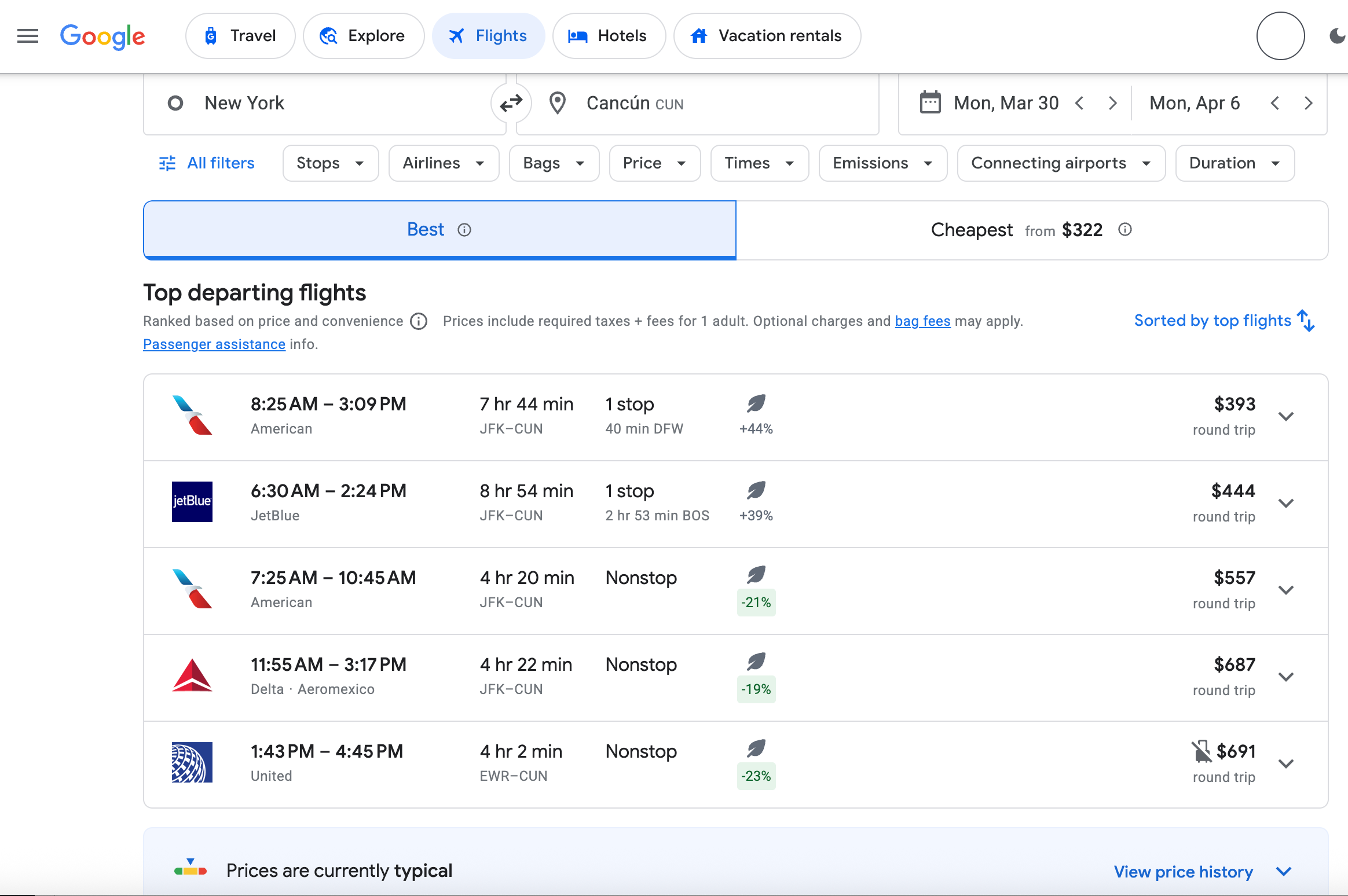 Search results for a spring break trip to Cancun.