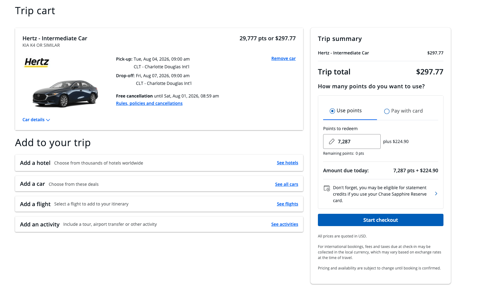 Chase Travel car rental example
