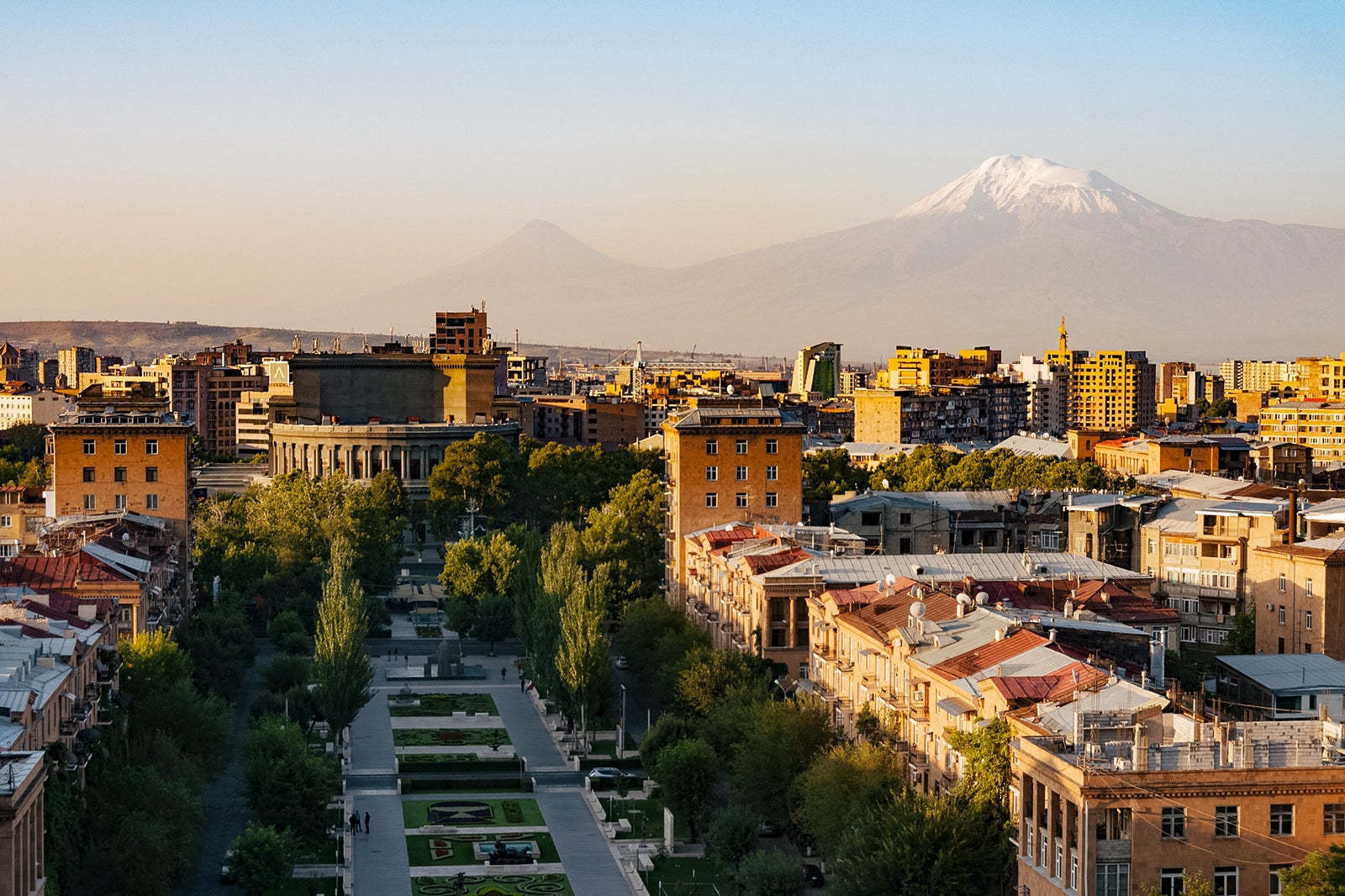 Armenia, Yerevan, city skyline with Mt Ararat and the Yerevan Cascade, 1971-1980, architects Jim Torosyan, Aslan Mkhitaryan, and Sargis Gurzadyan