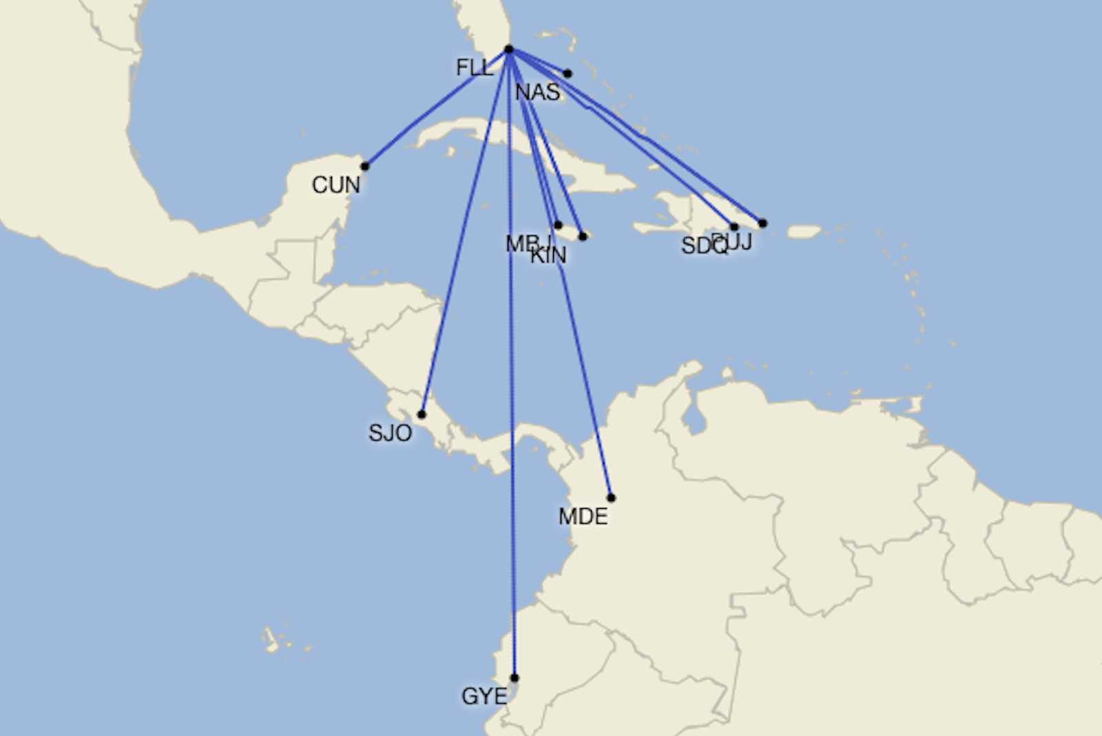 JetBlue's international route map out of Fort Lauderdale as of January 2025.