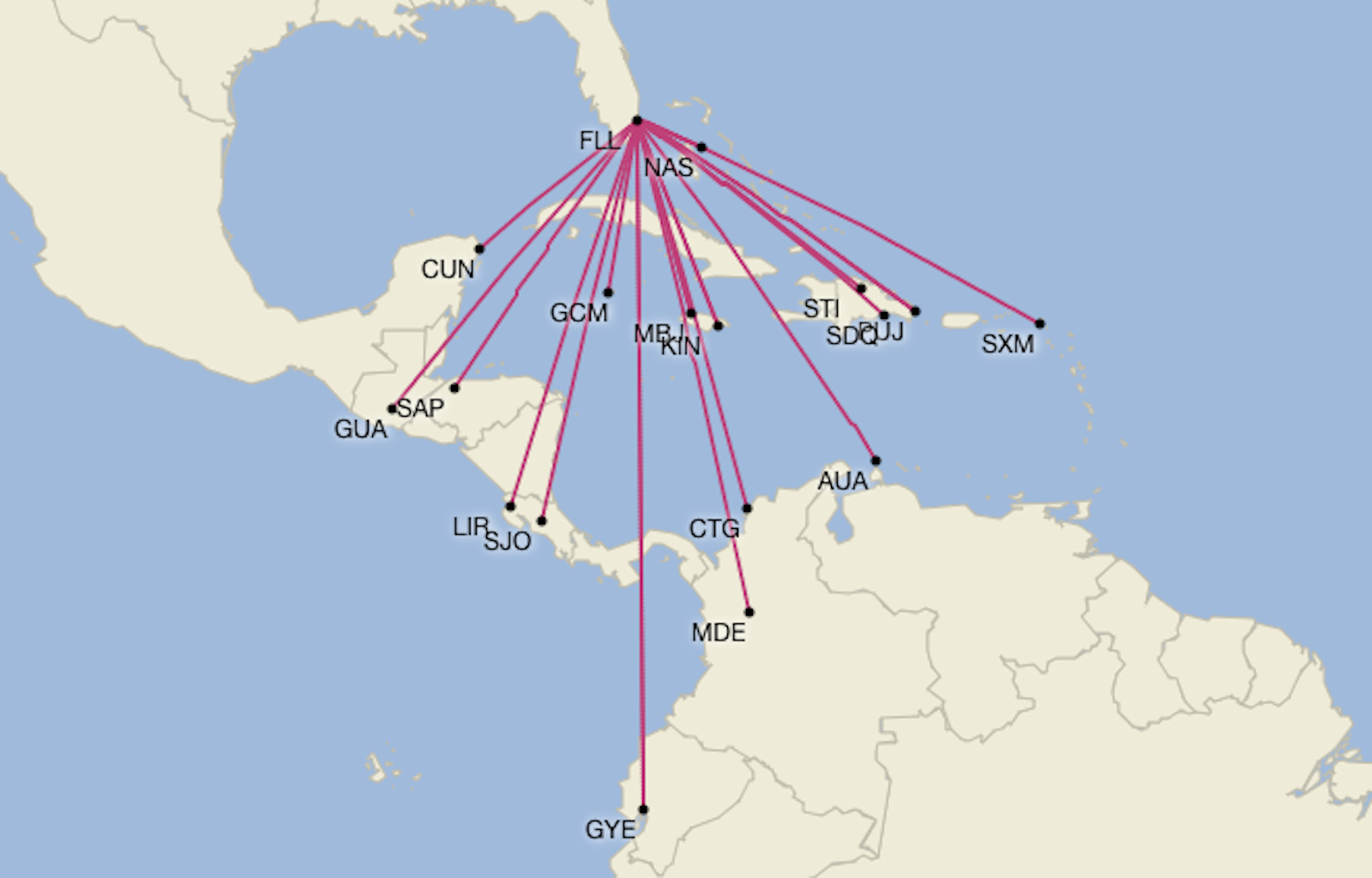 JetBlue's planned international route map out of Fort Lauderdale as of January 2026.