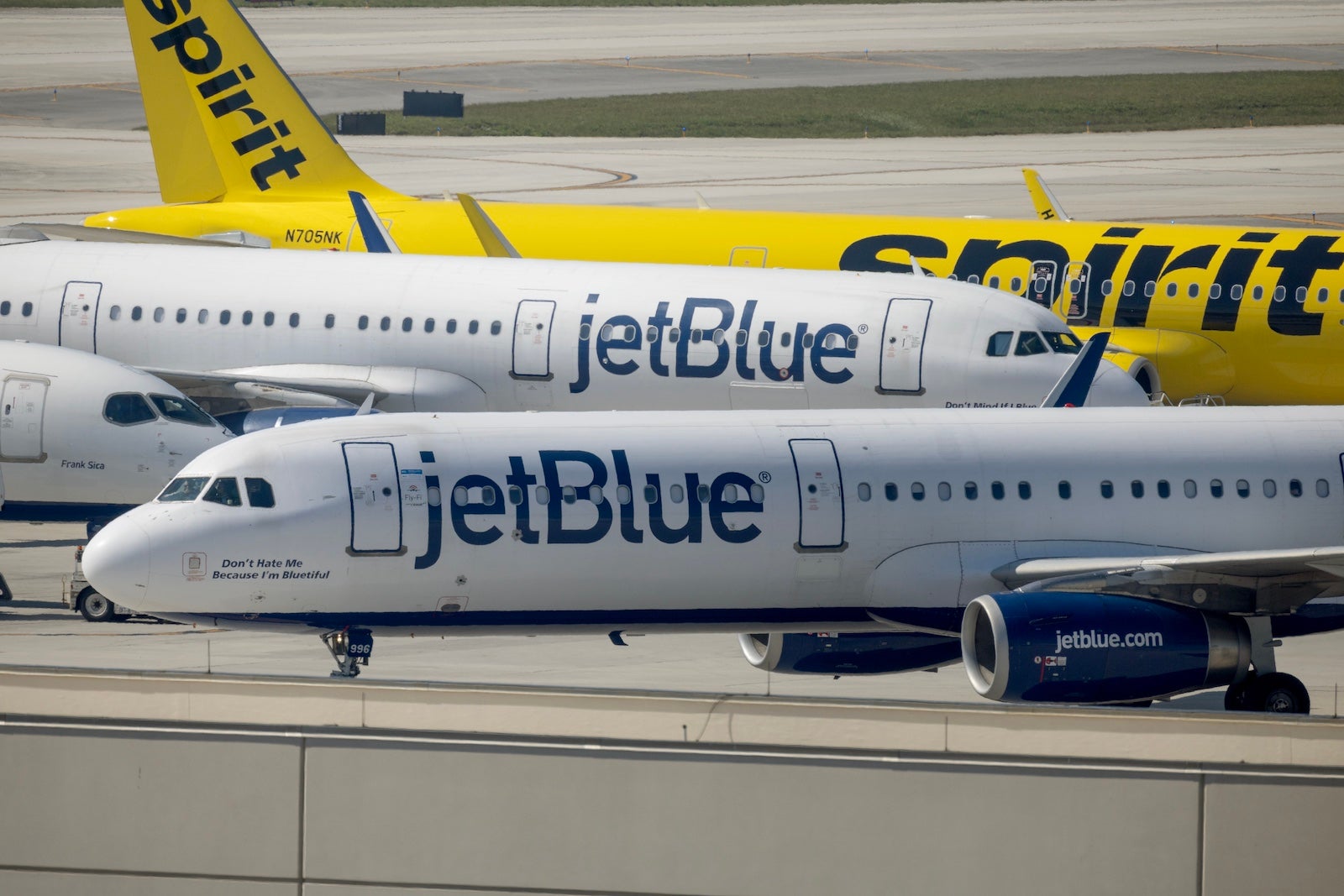 JetBlue and Spirit Airlines aircraft on the ground in Fort Lauderdale