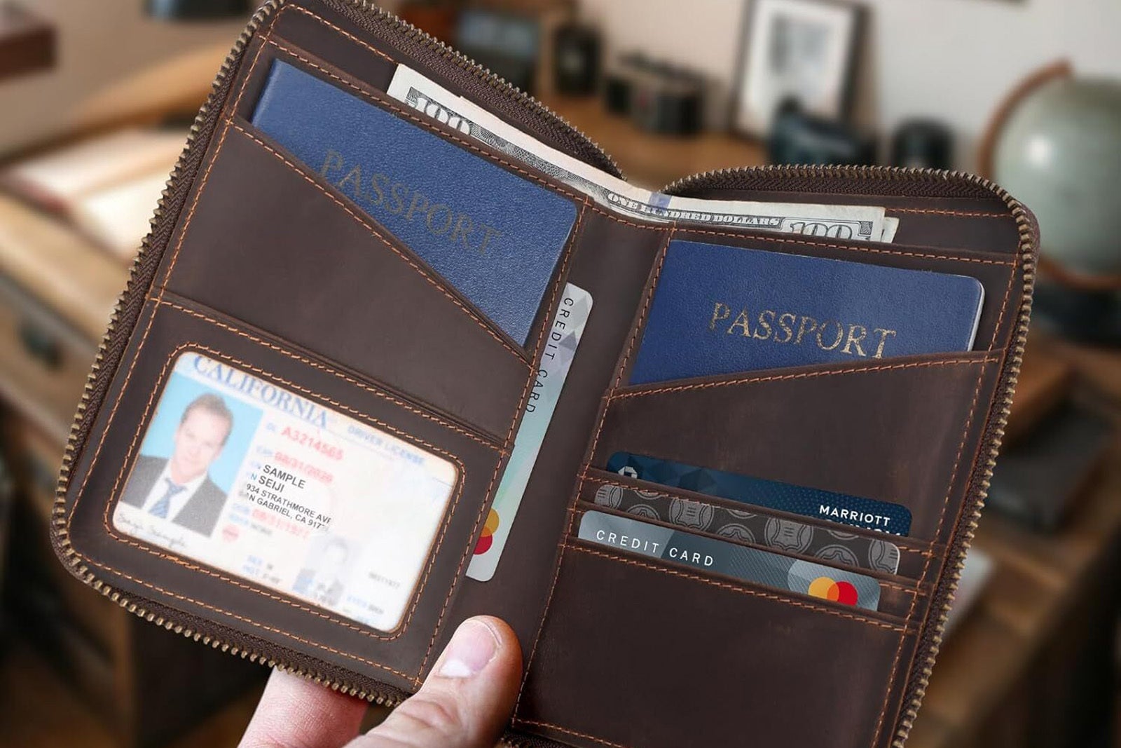 Polare dual passport travel wallet - brown leather