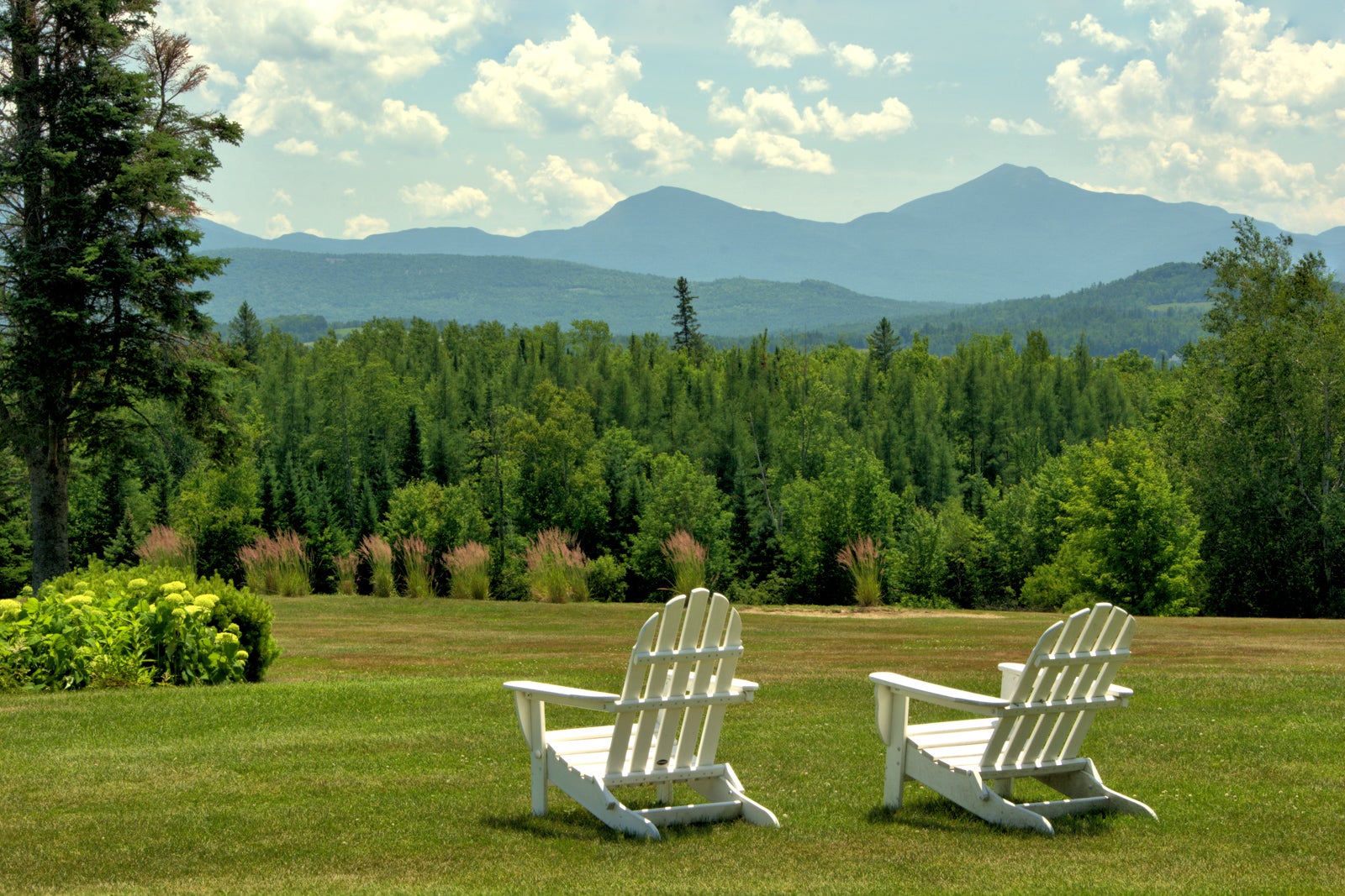 lawn chairs in the grass with mountain views in the background