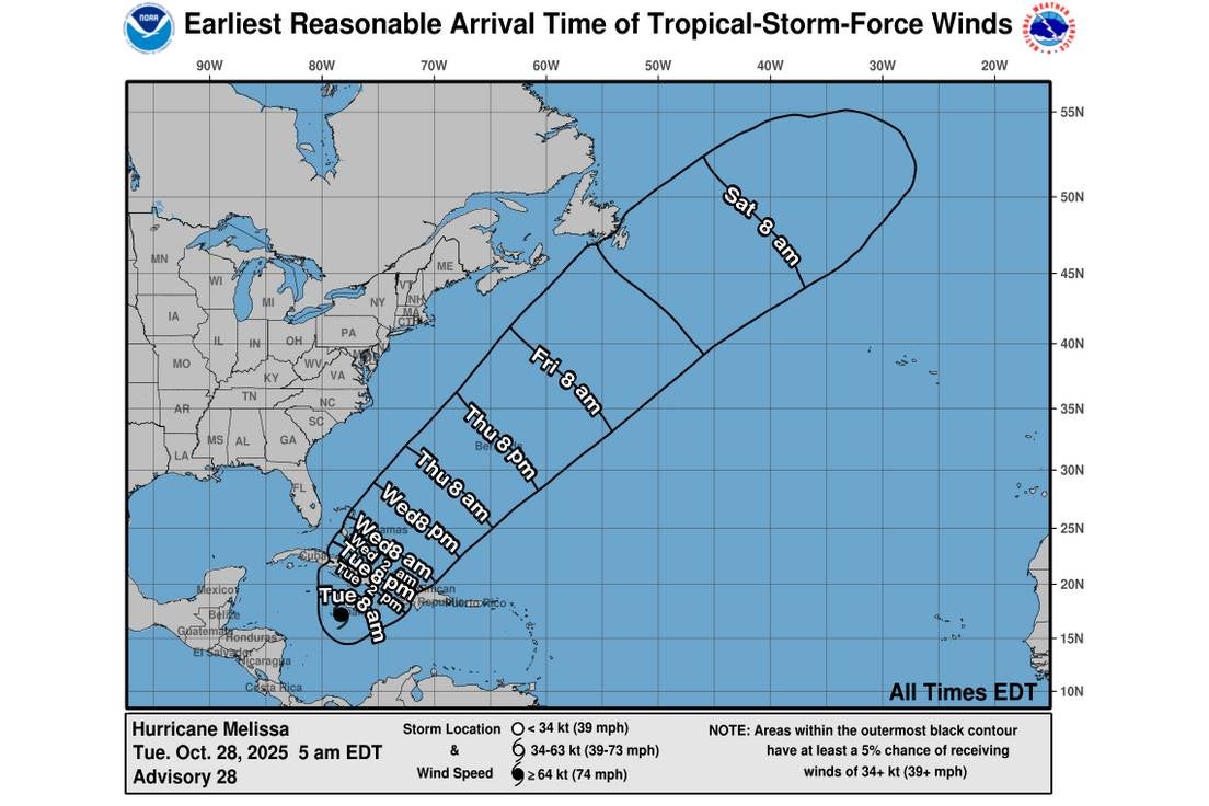 Map of the path of Hurricane Melissa on October 28