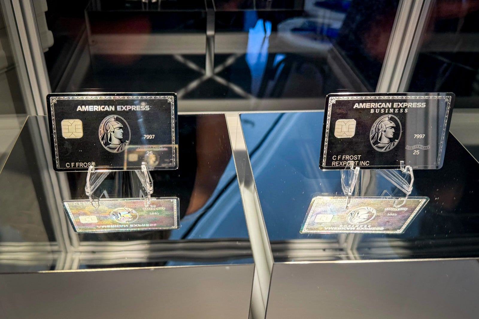 New mirror American Express Platinum and Platinum Business cards at a press event in New York City. 