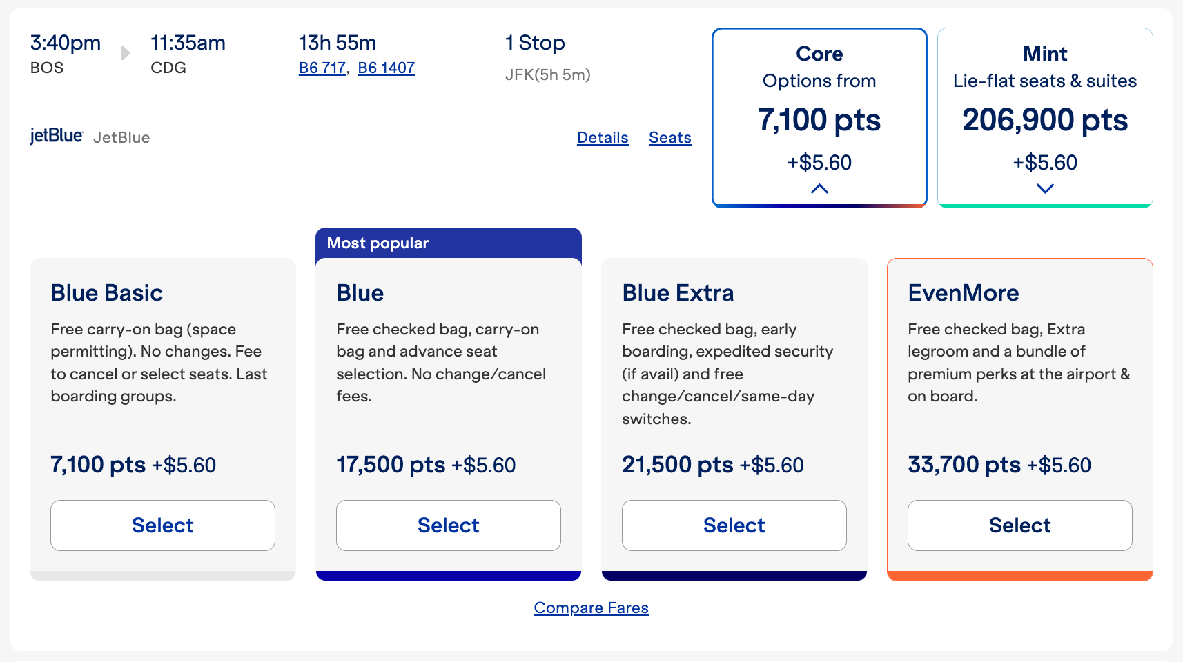 Jetblue BOS-CDG Dec 8 points