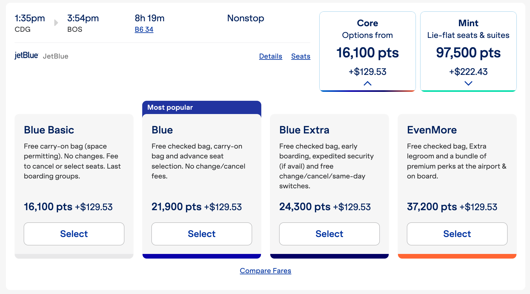 Jetblue CDG-BOS Jan 15 points