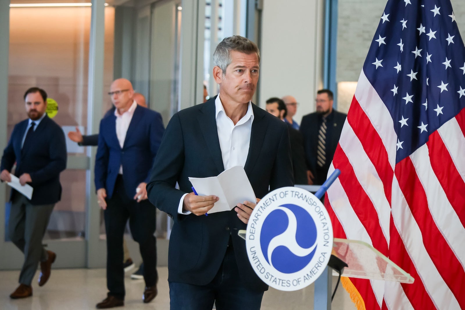 U.S. Secretary of Transportation Sean Duffy speaks Monday at Newark Liberty International Airport (EWR)