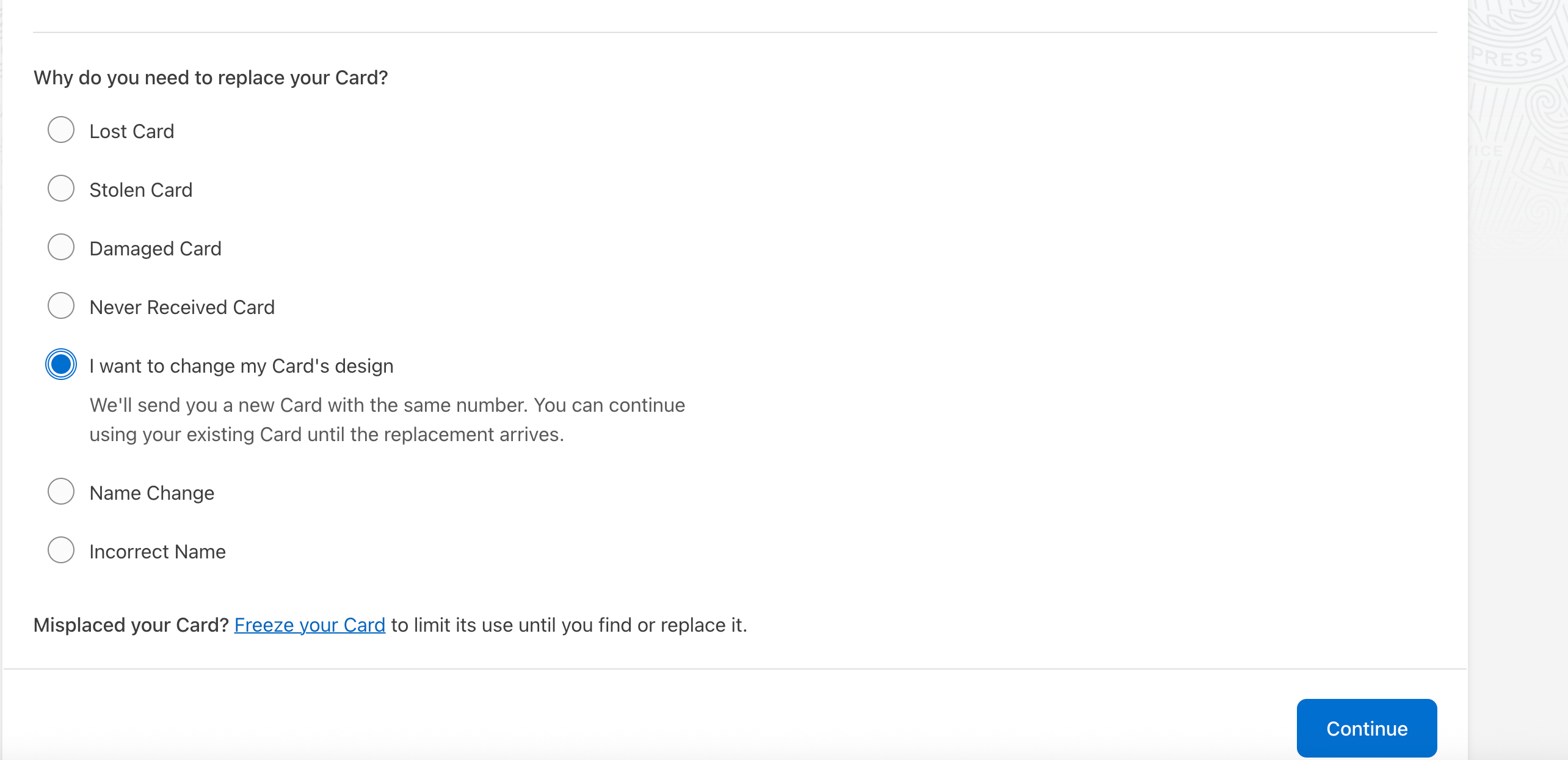 American Express card replacement. AMERICAN EXPRESS.