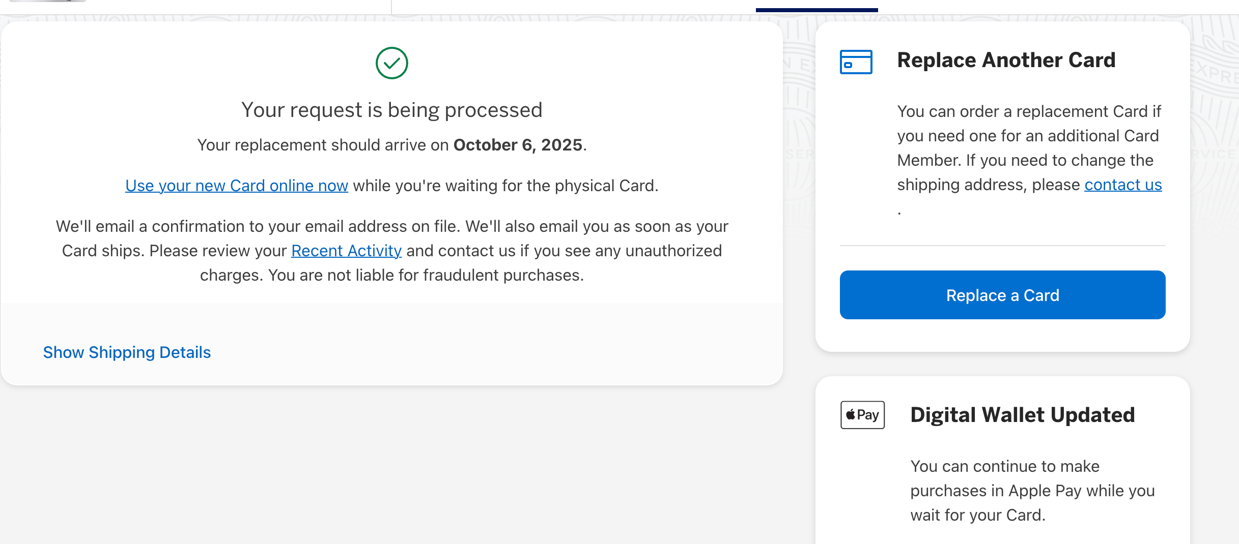 American Express card replacement. AMERICAN EXPRESS.