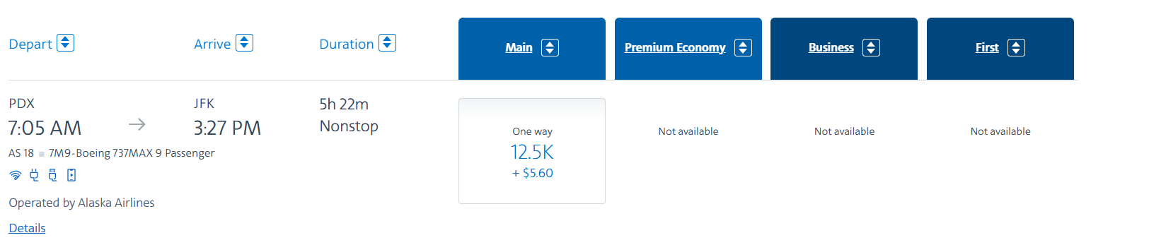 A screenshot of a bookable flight from PDX to JFK.