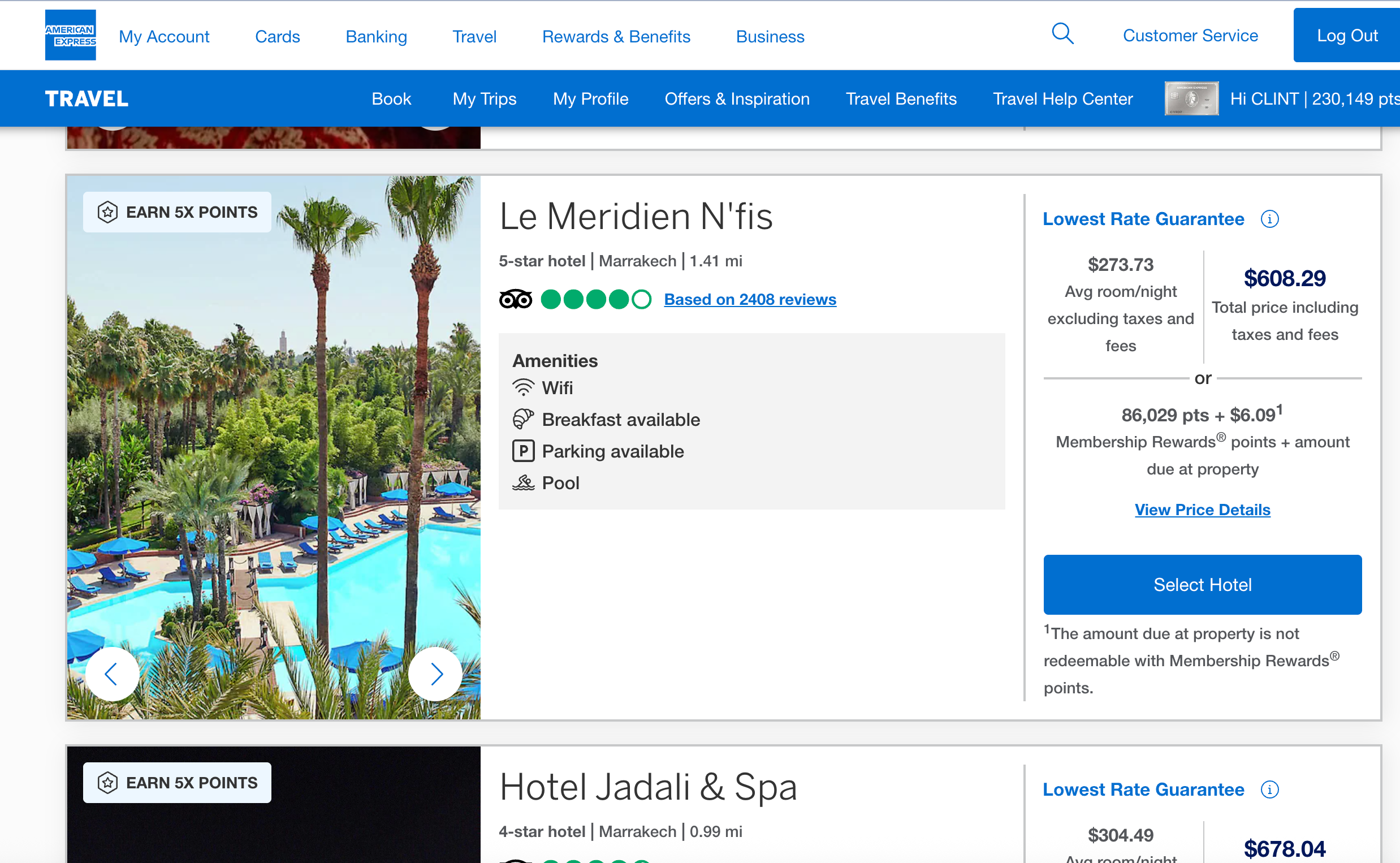 Booking page at AmexTravel.com.