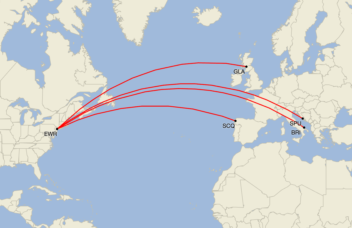 a screenshot of a map showing four flight routes in red