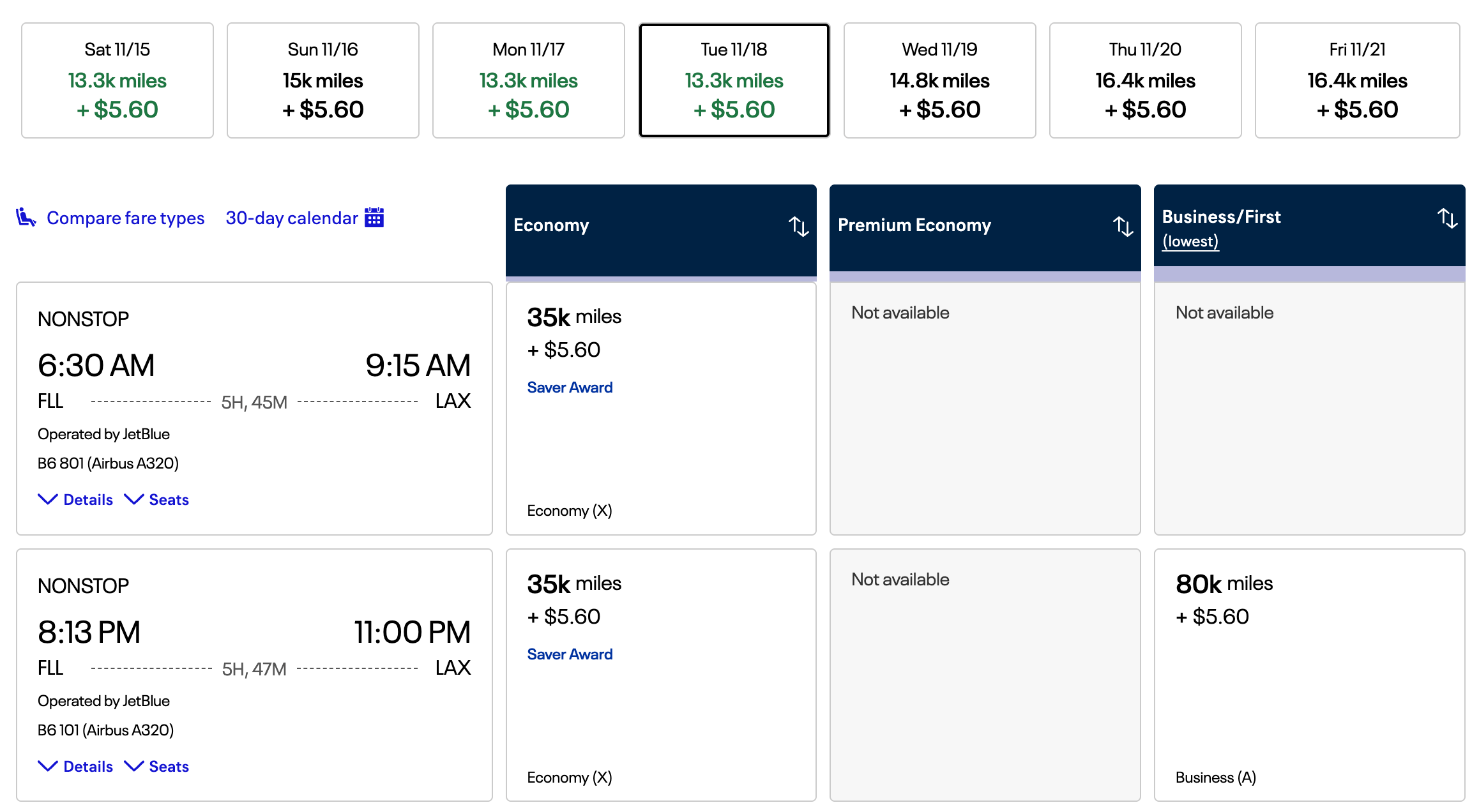 JetBlue operated award flights bookable through United
