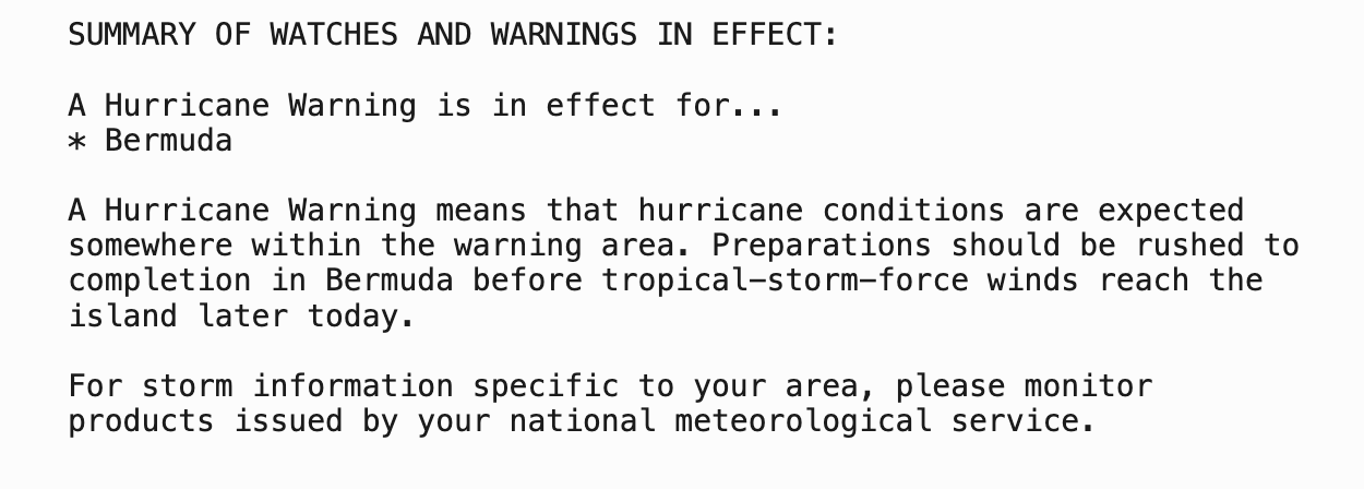 a screenshot of a hurricane warning for Bermuda