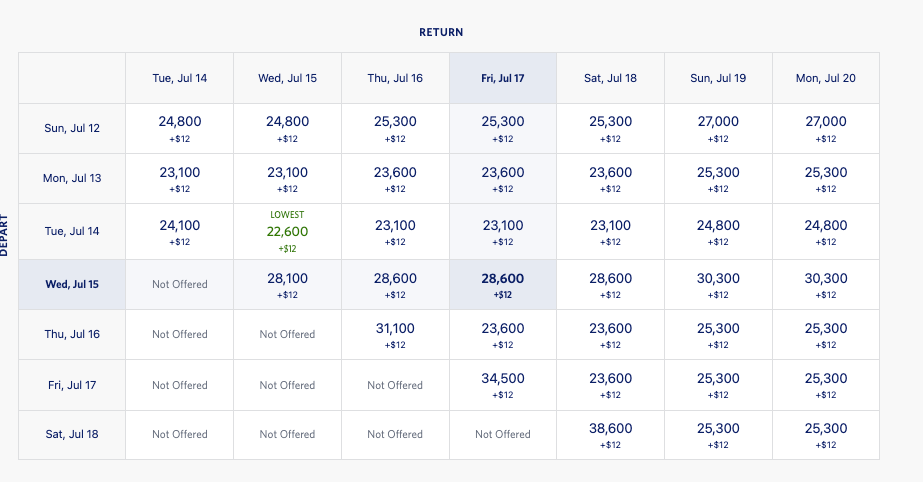 Delta SkyMiles award search screenshot