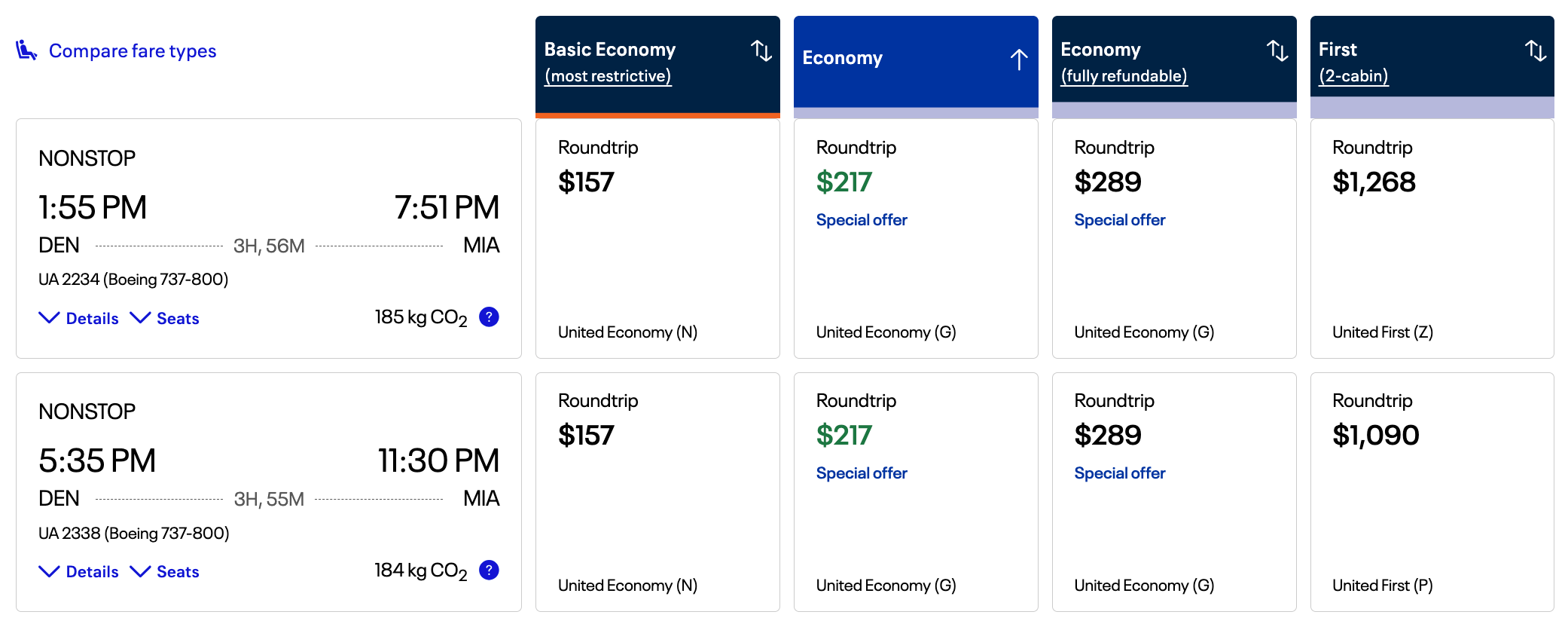 United DEN-MIA special offer fares