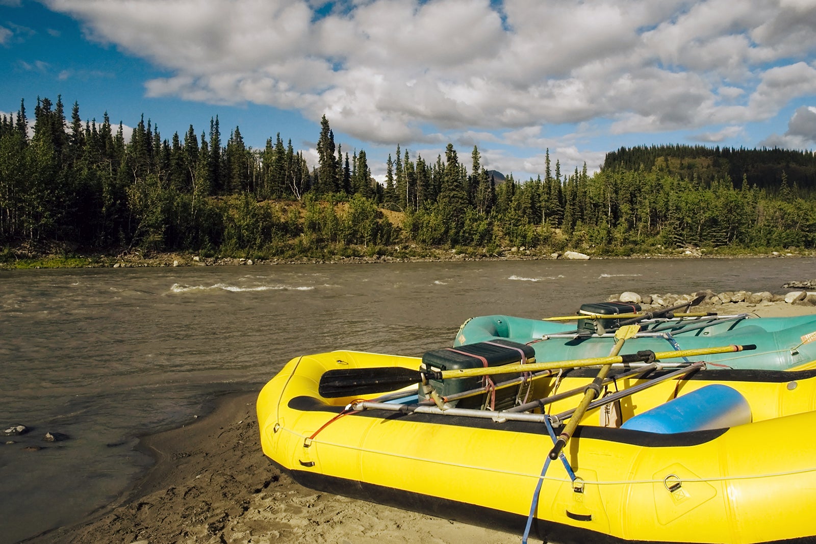 White water rafts await adventurers on the Nenana River in Alaska'a Denali National Park