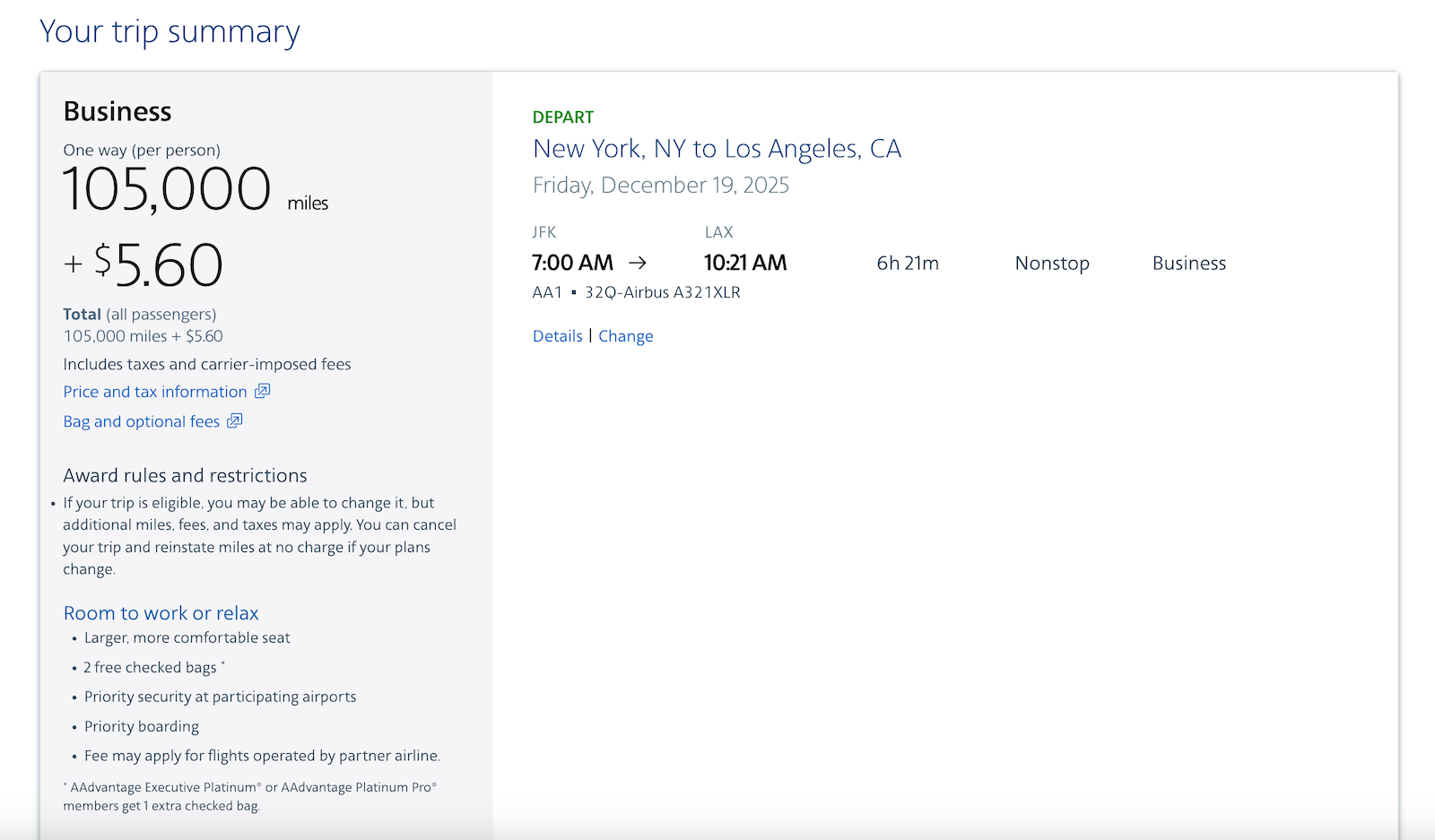 award availability for American Airlines' first Airbus A321XLR