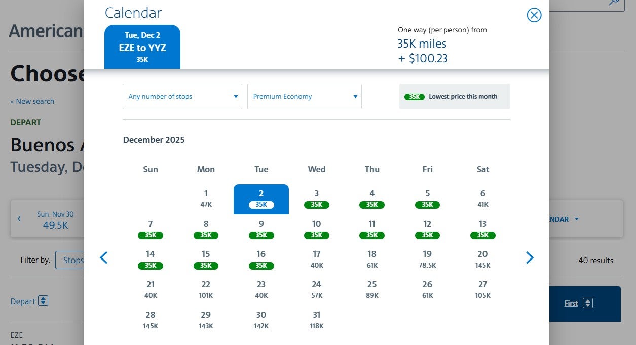 American Airlines award pricing calendar