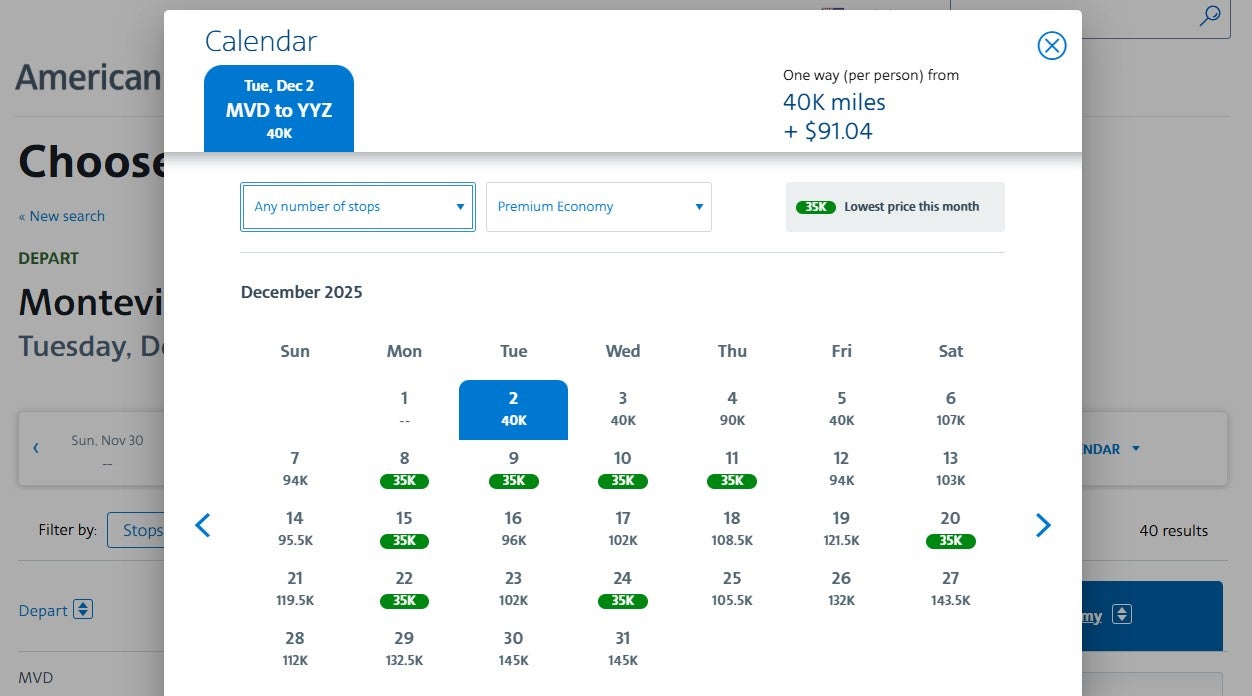 American Airlines award pricing calendar