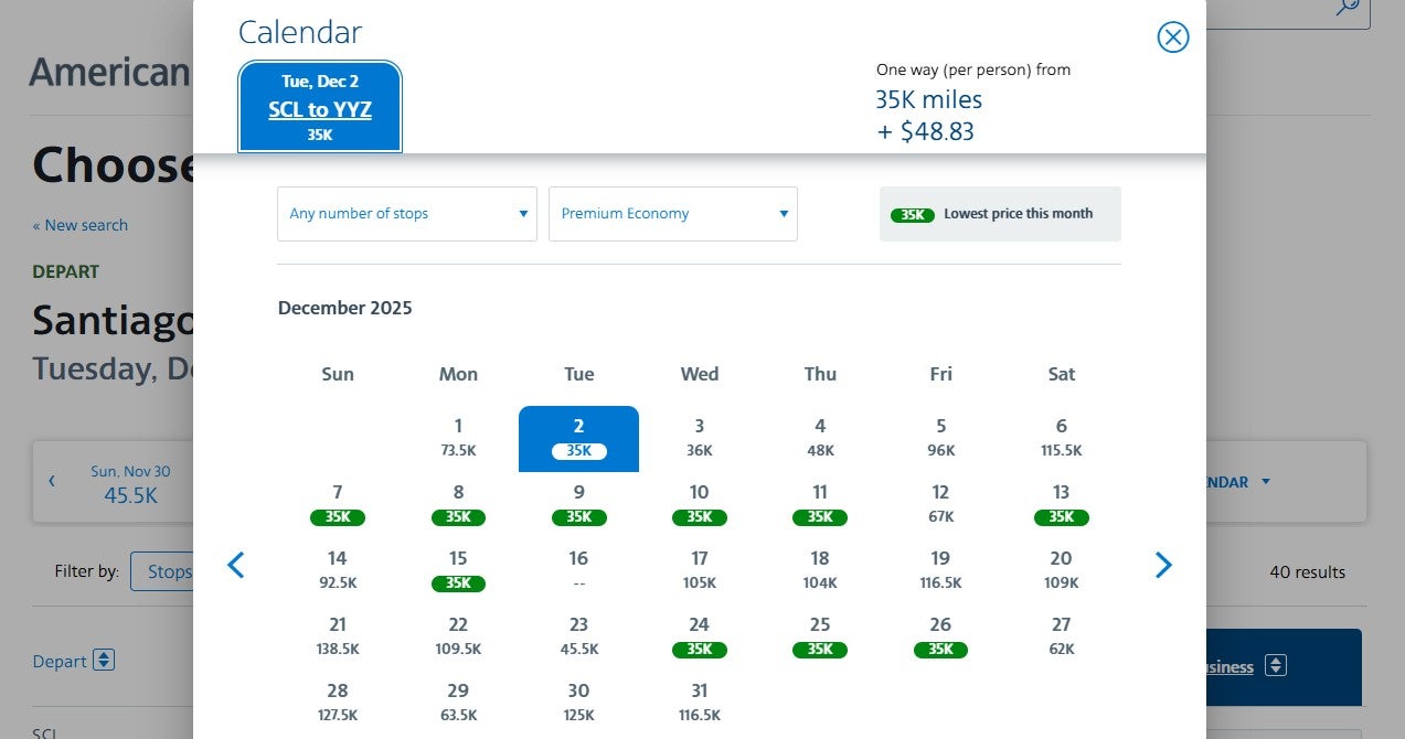 American Airlines award pricing calendar