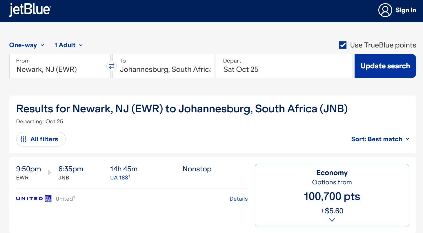 JetBlue awards for United-operated flights from Newark to Johannesburg