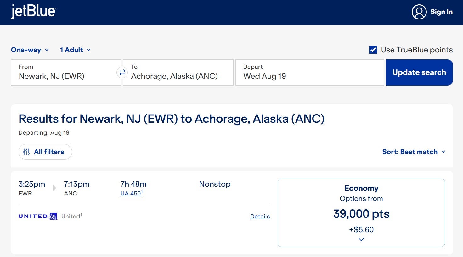 Redeeming JetBlue points for a United-operated flight
