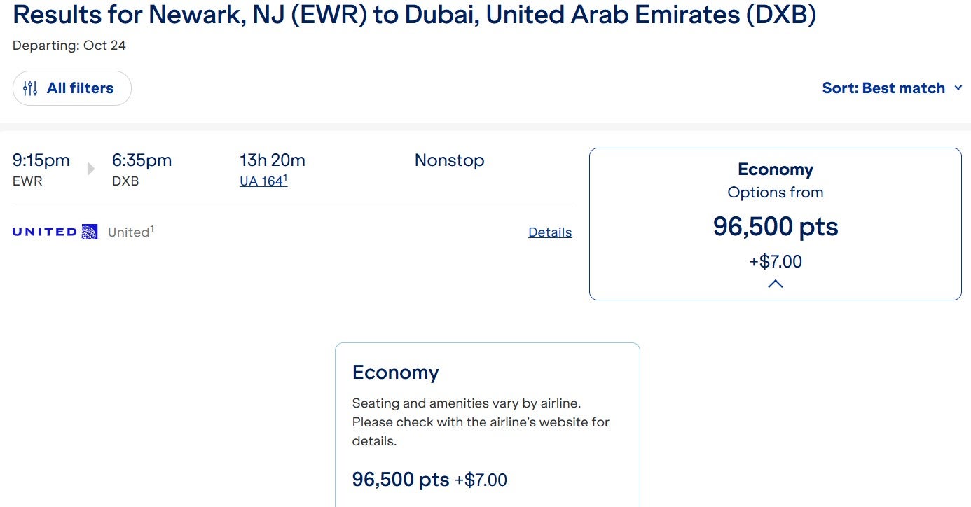 JetBlue awards for United-operated flights from Newark to Dubai