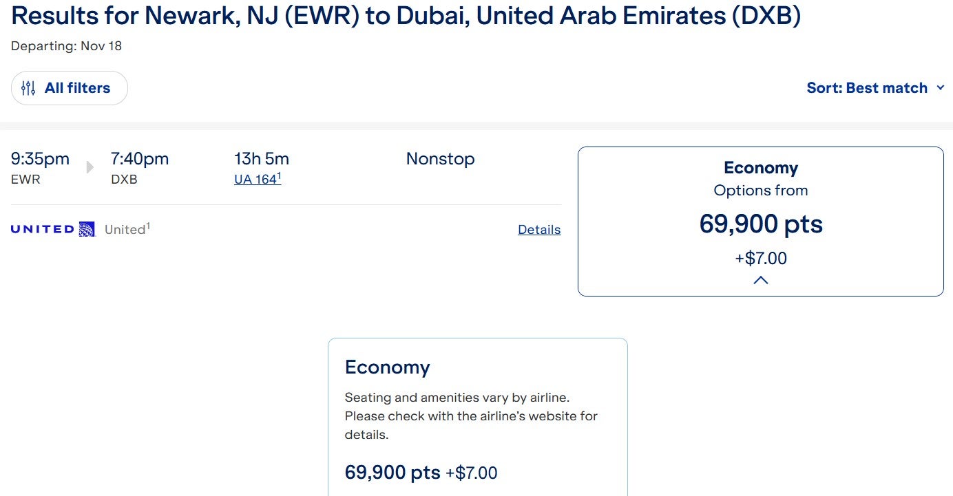 JetBlue awards for United-operated flights from Newark to Dubai
