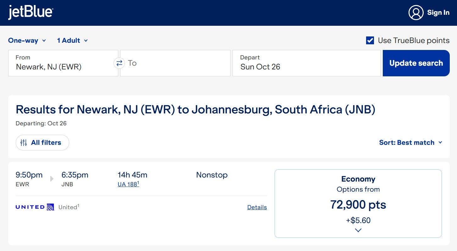 JetBlue awards for United-operated flights from Newark to Johannesburg