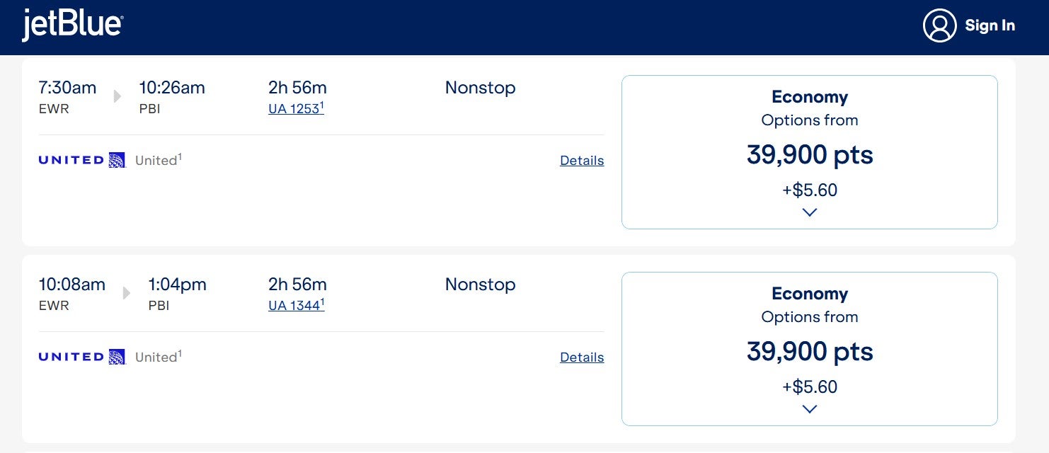 Redeeming JetBlue points for a United-operated flight