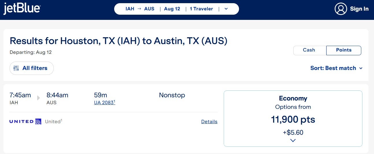 Redeeming JetBlue points for a United-operated flight