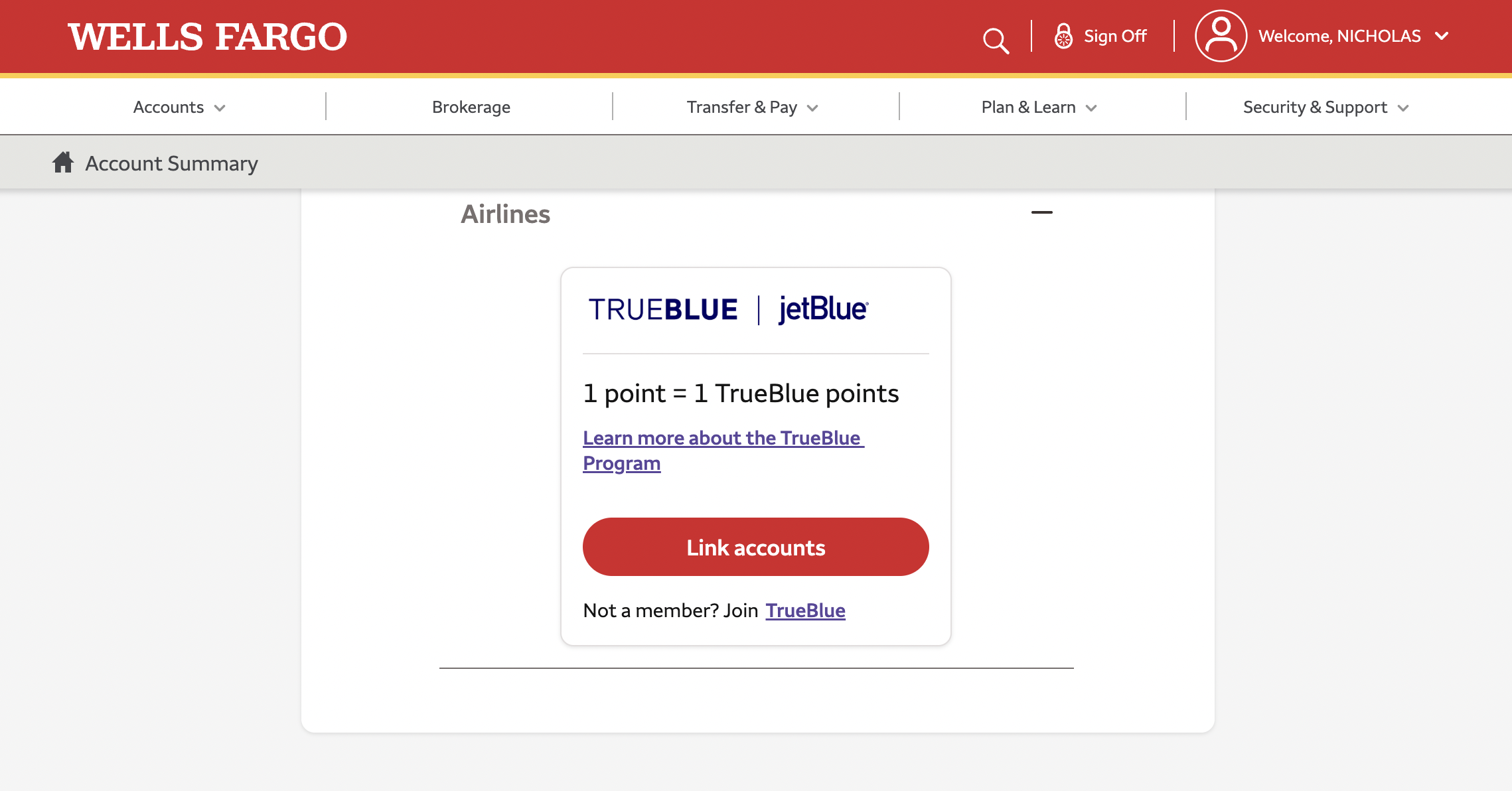 Wells Fargo Rewards screenshot
