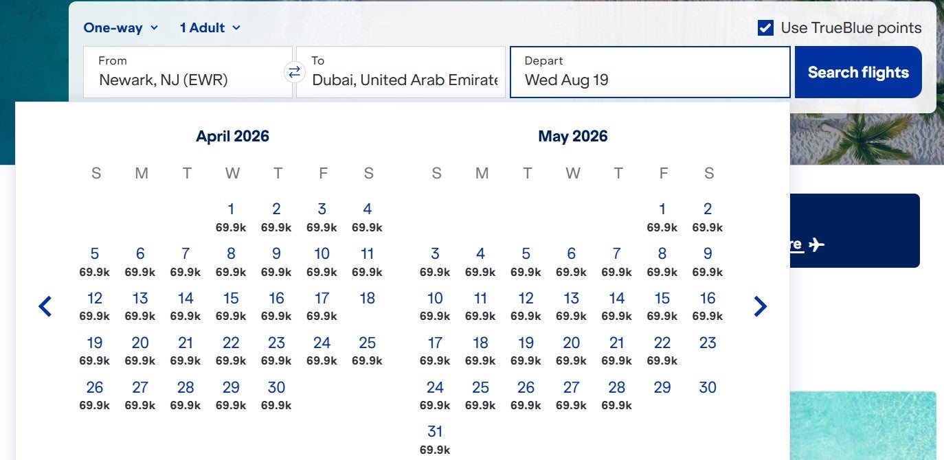 JetBlue award calendar of United flights