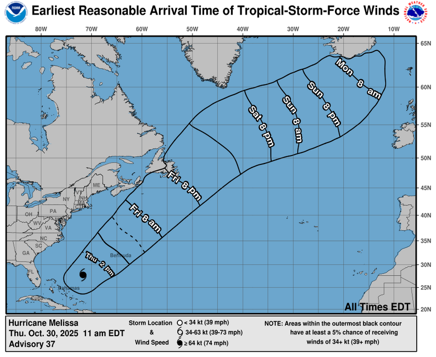 a screenshot showing the potential path of Hurricane Melissa