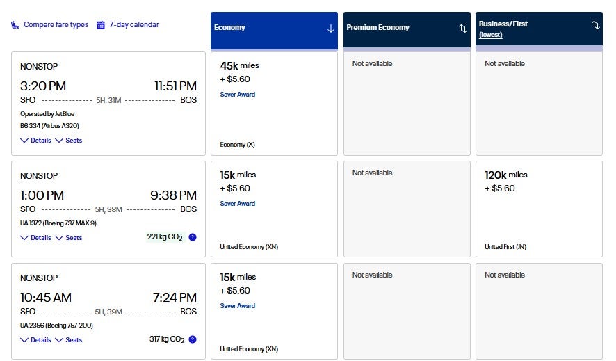 JetBlue and United award options bookable through United
