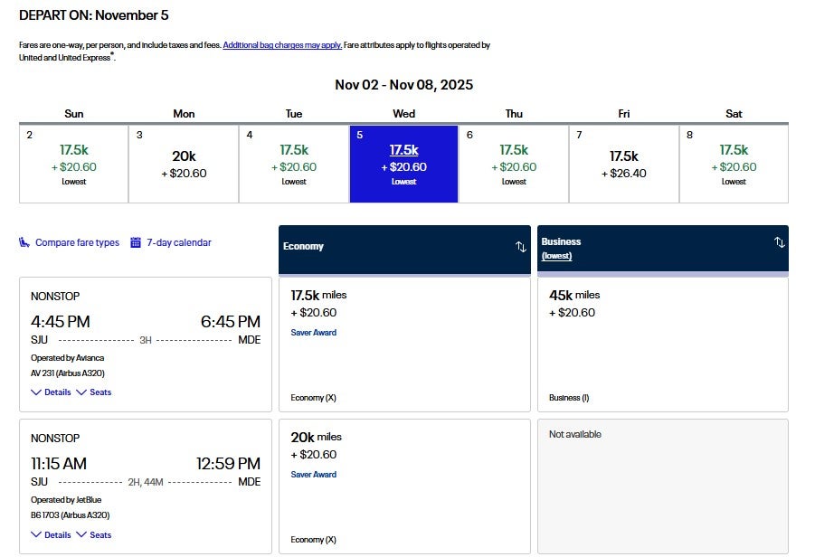 JetBlue and Avianca award options bookable through United