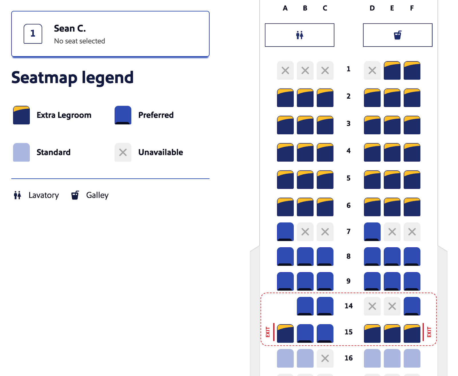 a screenshot showing available seats on a Southwest Airlines plane