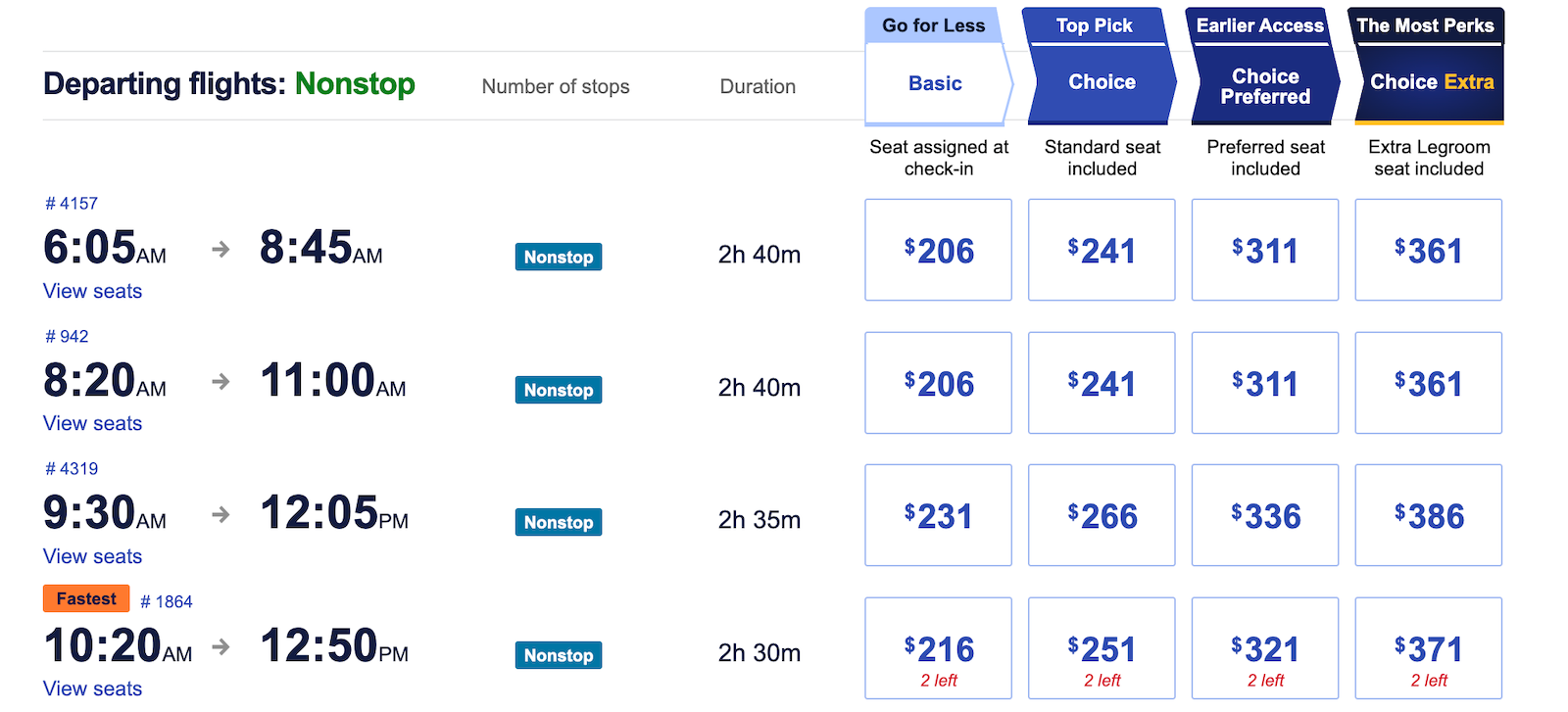 a screenshot showing Southwest Airlines flights and airfares
