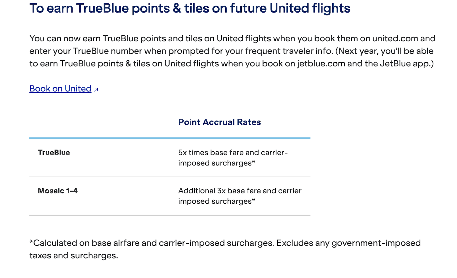 JetBlue TrueBlue earnings on United-operated flights
