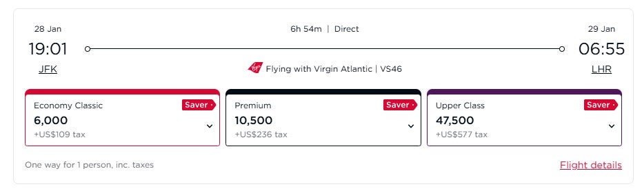 Virgin Atlantic award options