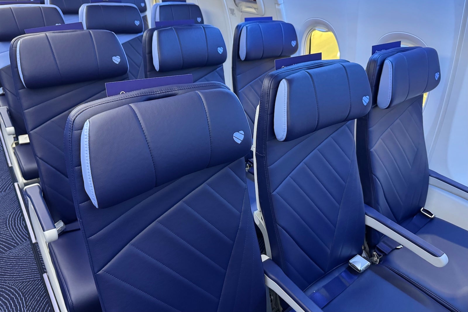 blue seats on a Southwest Airlines plane