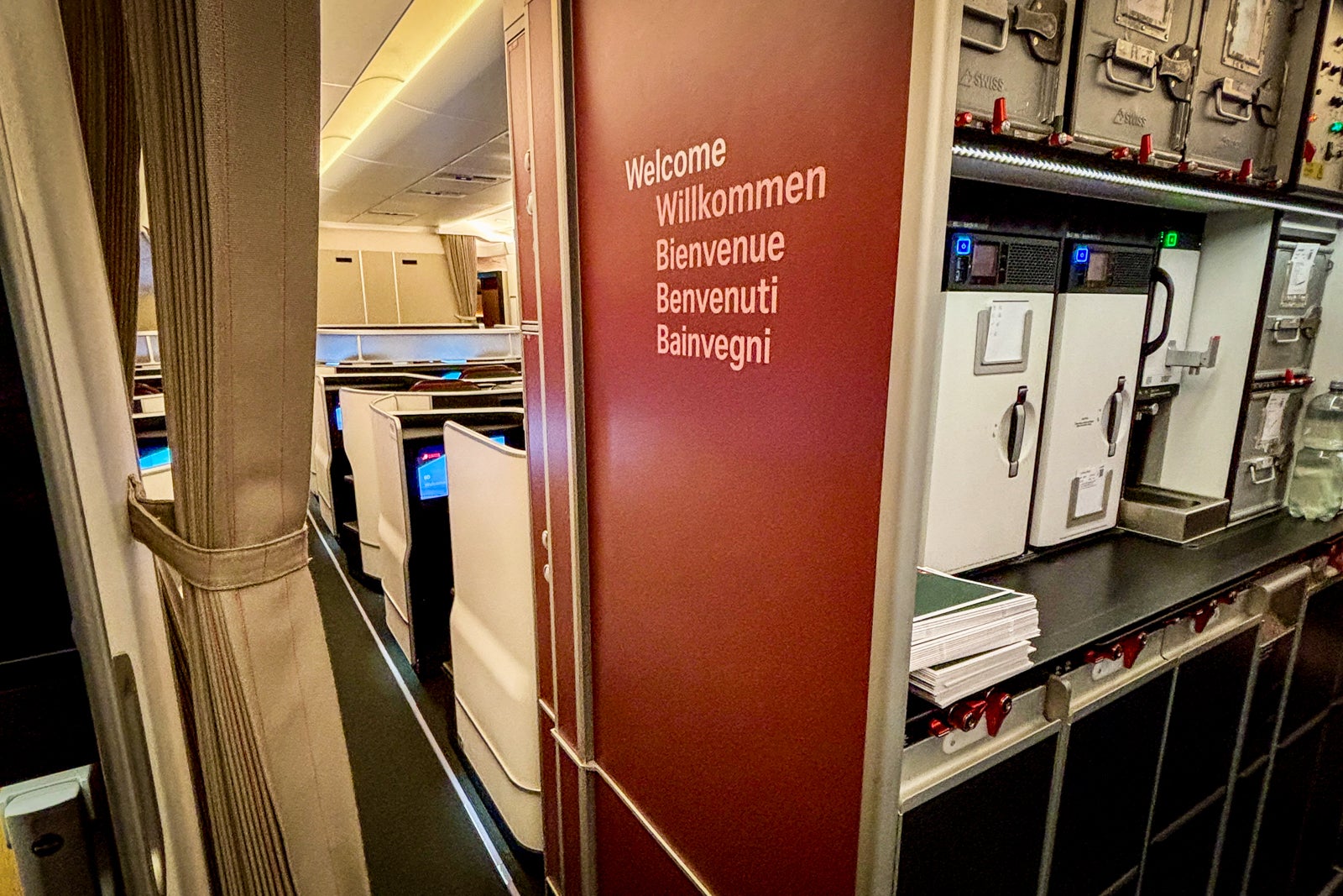 Passengers are greeted by this welcome sign when they board Swiss's new A350. 