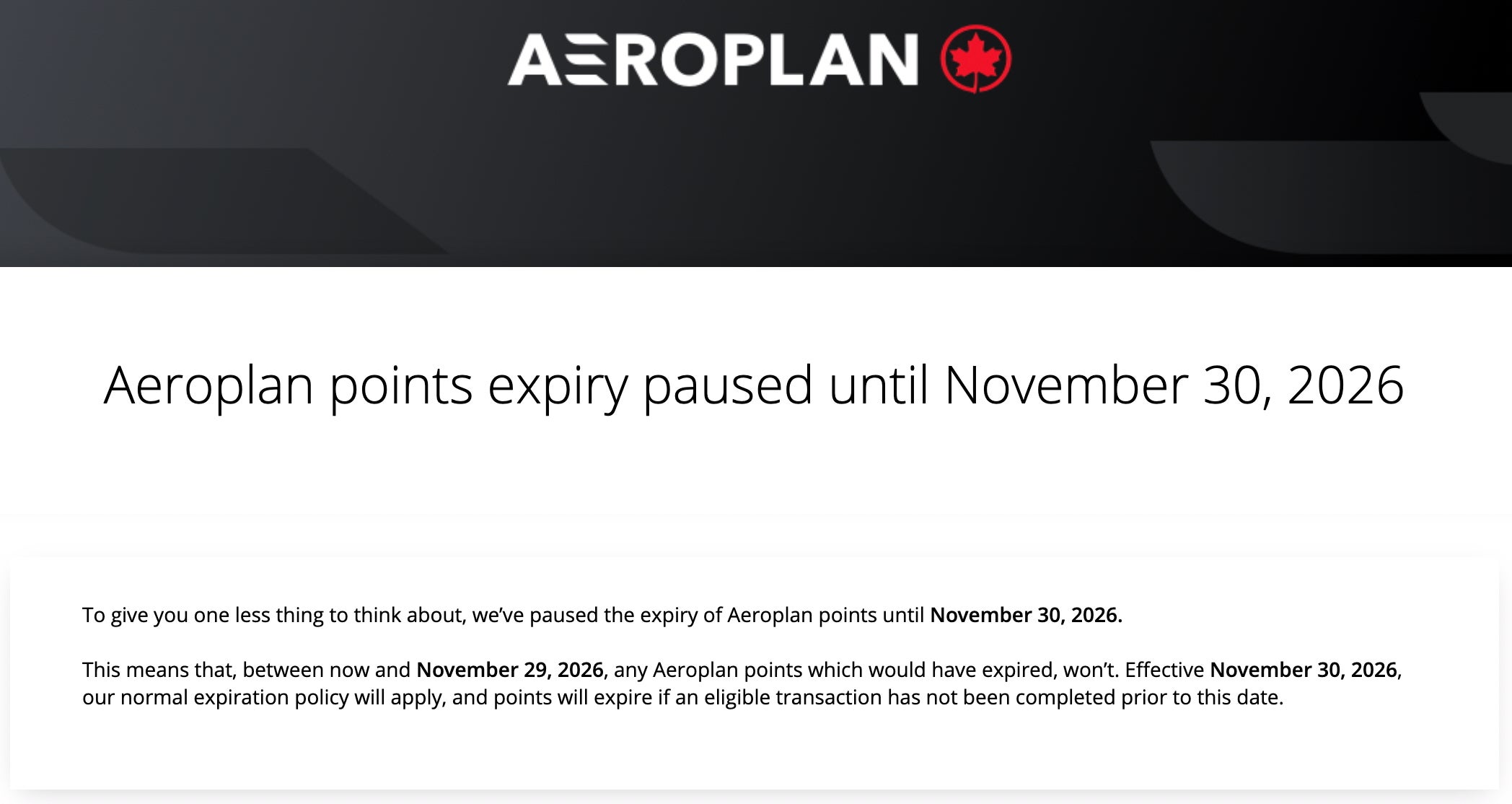 Screenshot from Air Canada Aeroplan describing point expiry policy