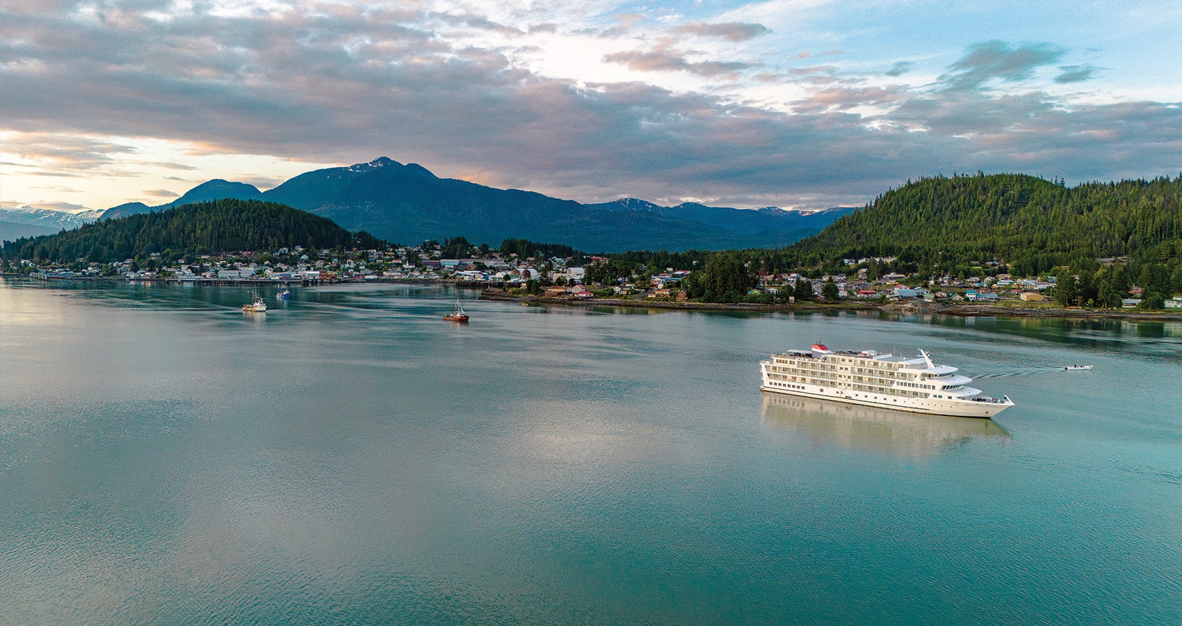 An American Cruise Lines ship sailing in Alaska.