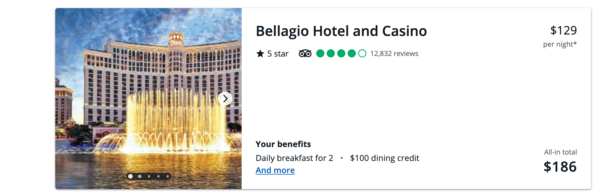 screenshot of Bellagio prices