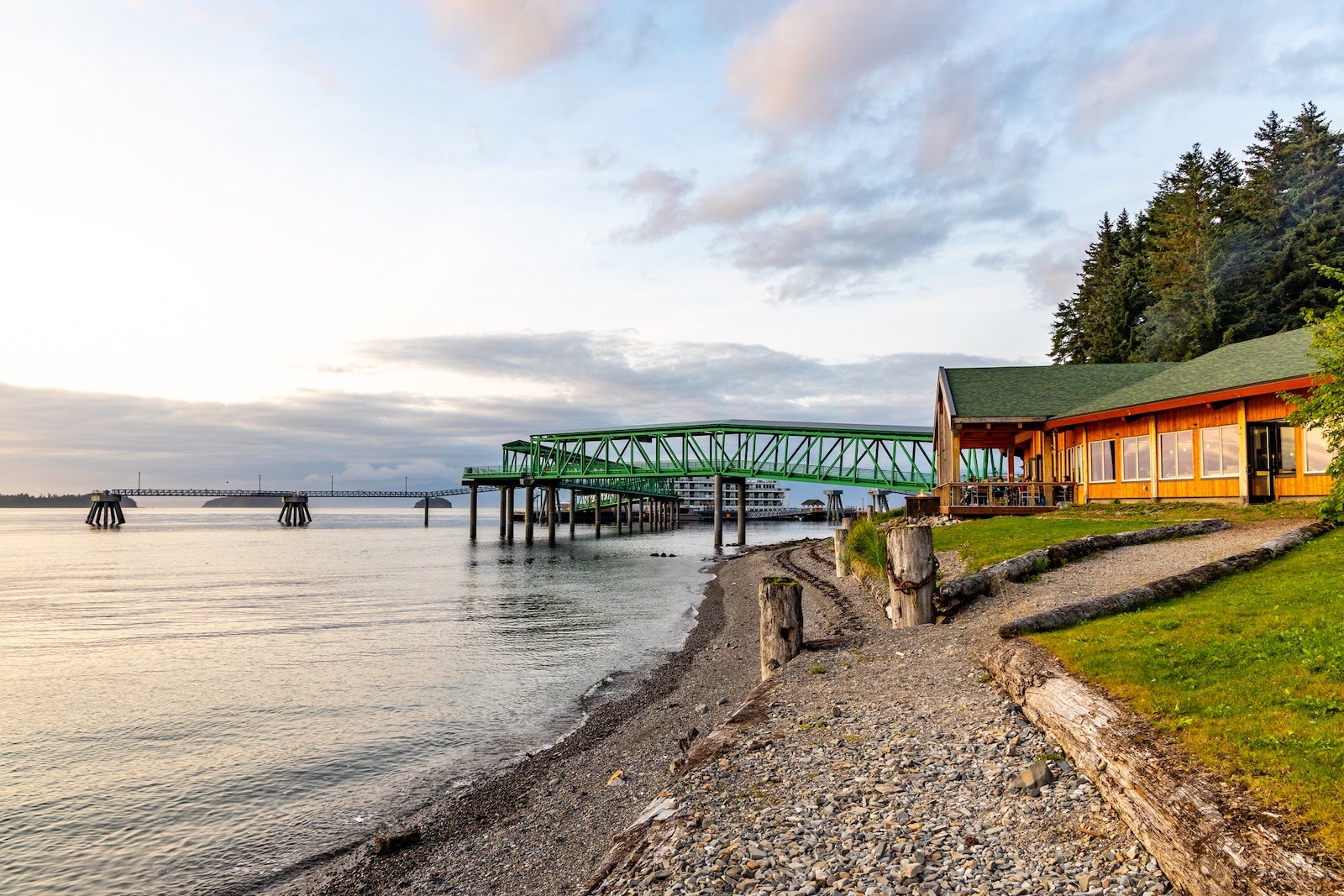 Beach and cruise ship ramp at Icy Strait Point, AK.